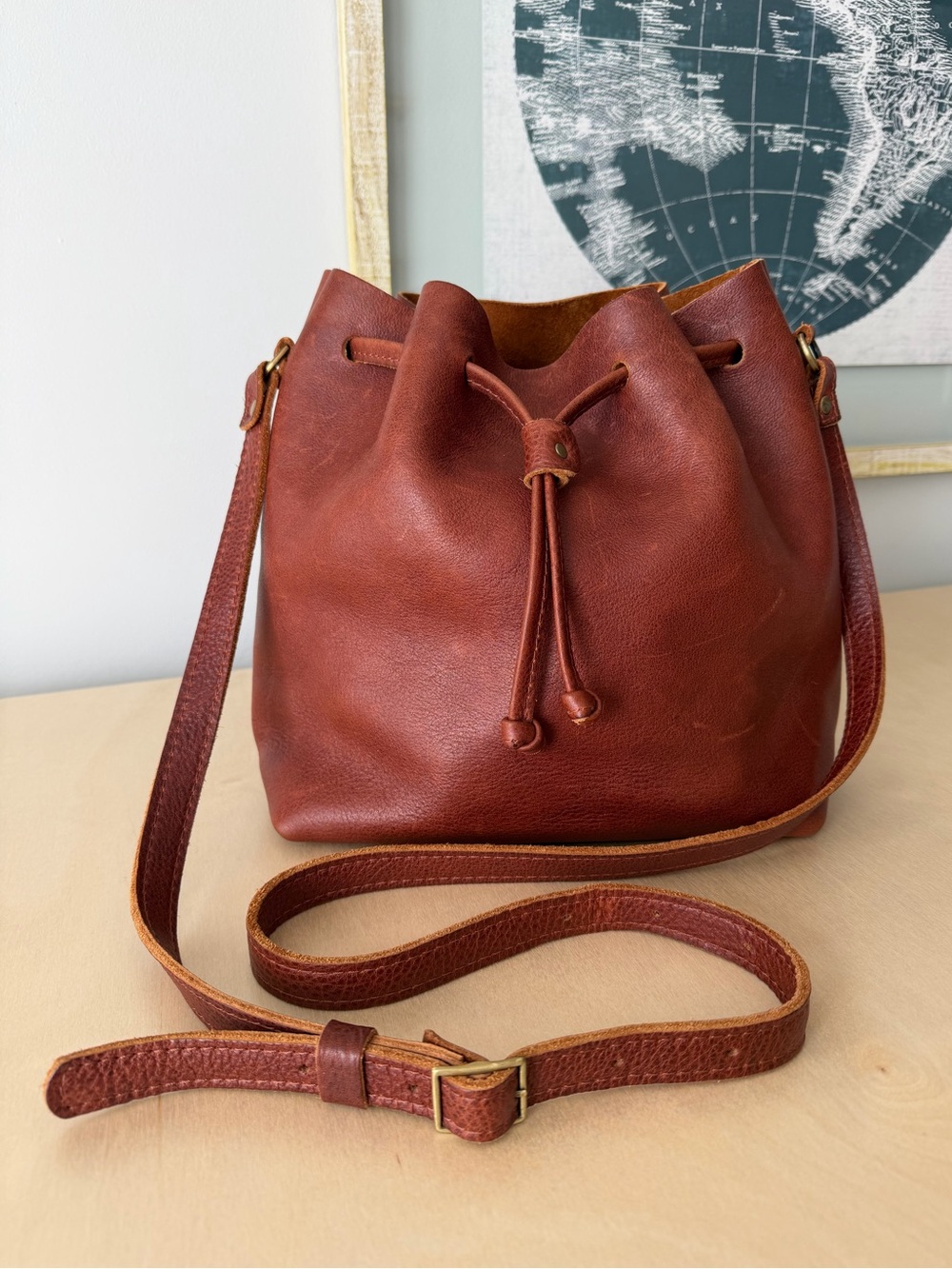 Portland Leather Drawstring Bucket Bag Large Nutmeg Brown Purse
